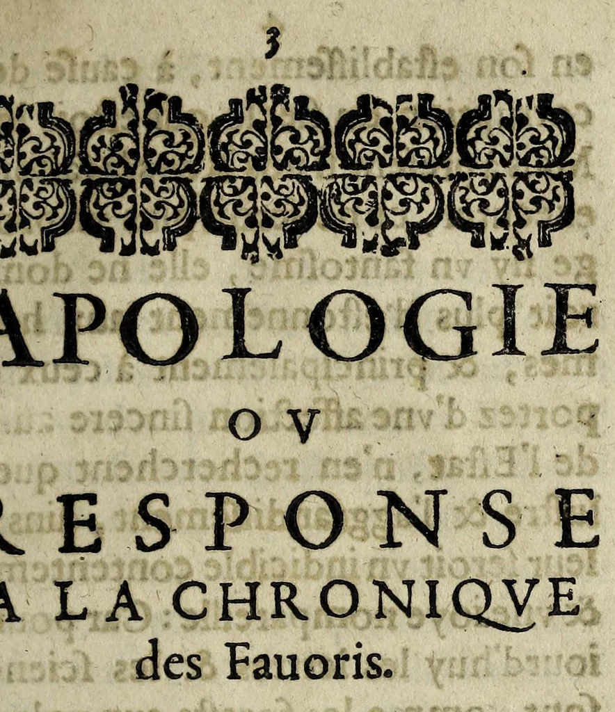 An illustration from Apologie ov response a la chroniqve des fauoris., 1622, leaf 3