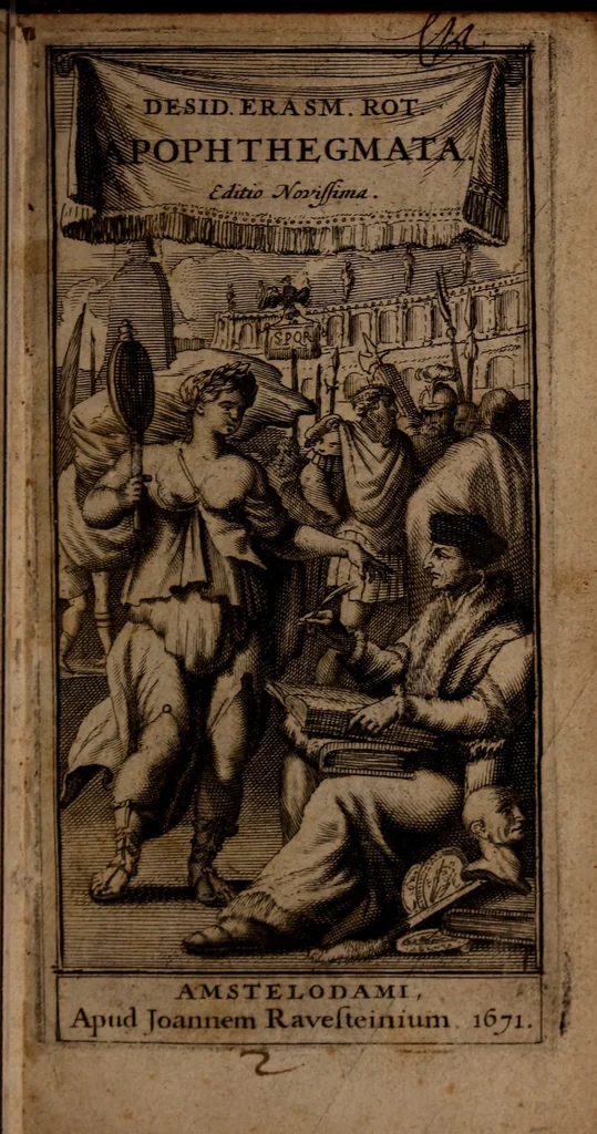 An illustration from Apophthegmatum, Ex optimis utriusque Linguae Scriptoribus collectorum, Libri Octo, 1671, leaf 6