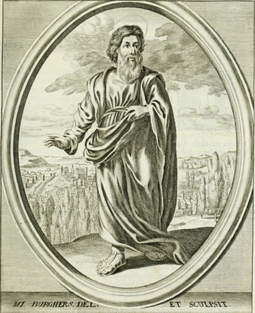 An illustration from Apostolici : or the history of the lives, acts, death and martyrdoms of those who were contemporary with, or immediately succeeded the Apostles : as also the most eminent of the Primitive Fathers for the first three hundred years to which is added, a chronology of the three first ages of the church, 1682, leaf 104