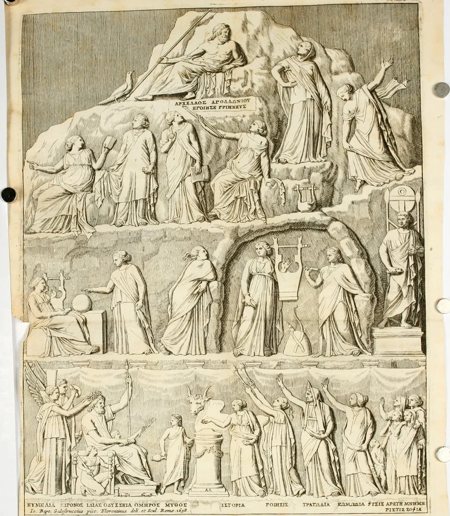 An illustration from Apotheosis vel consecratio Homeri, sive, Lapis antiquissimus in quo poëtarum principis Homeri consecratio sculpta est, 1683, leaf 21