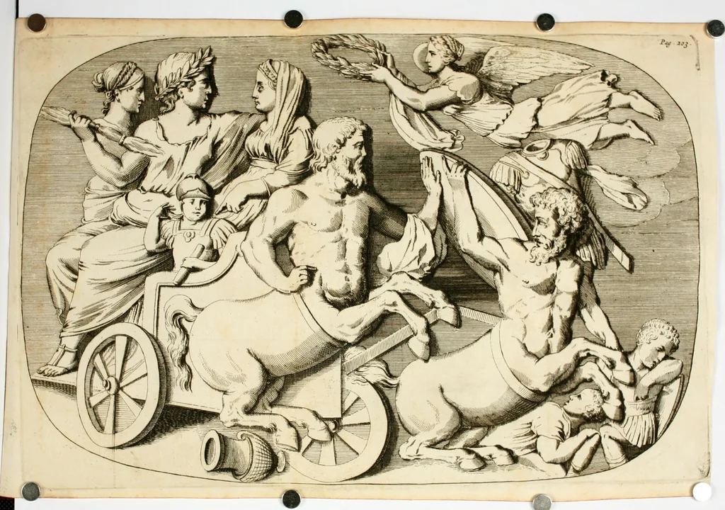 An illustration from Apotheosis vel consecratio Homeri, sive, Lapis antiquissimus in quo poëtarum principis Homeri consecratio sculpta est, 1683, leaf 235