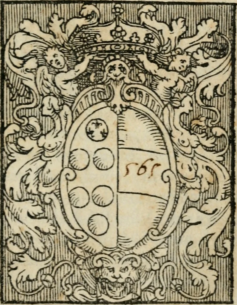 An illustration from Descrizione dell'apparato della comedia et intermedii d'essa : recitata in Firenze il giorno di S. Stefano l'anno 1565. nella gran sala del palazzo di Sua Ecc. illust. nelle reali nozze dell'illustriss. & eccell. s. il s. don Francesco Medici principe di Fiorenza & di Siena, & della regina Giouanna d'Austria, sua consorte, 1566, leaf 12