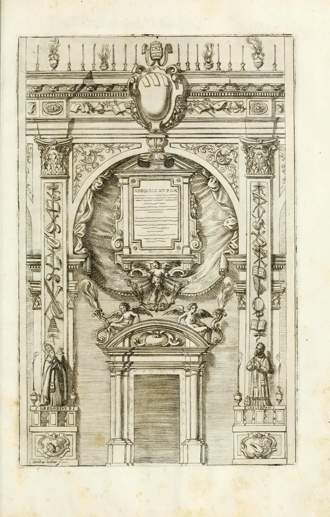 An illustration from Apparato fvnebre dell'anniversario à Gregorio XV : celebrato in Bologna à XXIV. di lvglio M. DC. XXIV dall'illustrissimo & reuerendiss. sig. cardinale Lvdovisi, 1624, leaf 21