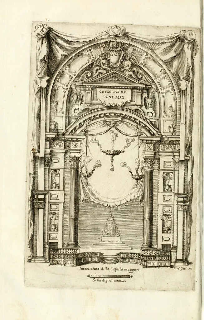 An illustration from Apparato fvnebre dell'anniversario à Gregorio XV : celebrato in Bologna à XXIV. di lvglio M. DC. XXIV dall'illustrissimo & reuerendiss. sig. cardinale Lvdovisi, 1624, leaf 30