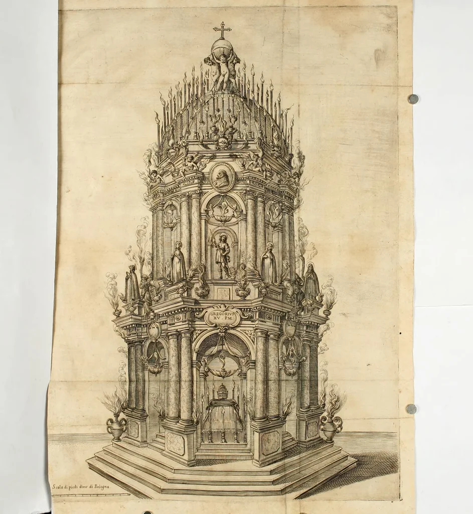 An illustration from Apparato fvnebre dell'anniversario à Gregorio XV : celebrato in Bologna à XXIV. di lvglio M. DC. XXIV dall'illustrissimo & reuerendiss. sig. cardinale Lvdovisi, 1624, leaf 36