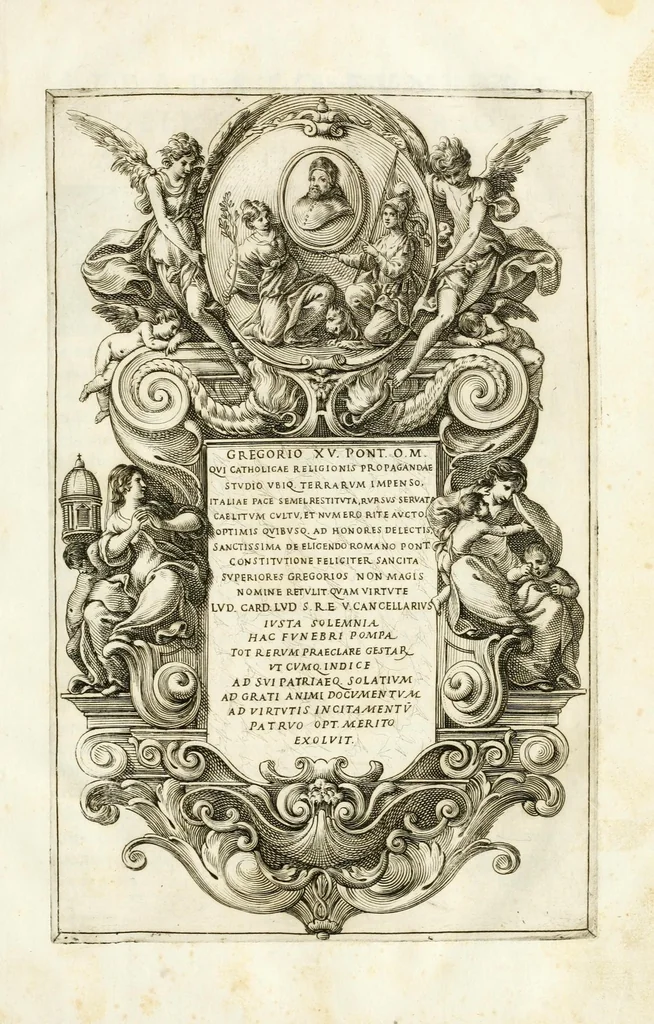 An illustration from Apparato fvnebre dell'anniversario à Gregorio XV : celebrato in Bologna à XXIV. di lvglio M. DC. XXIV dall'illustrissimo & reuerendiss. sig. cardinale Lvdovisi, 1624, leaf 9