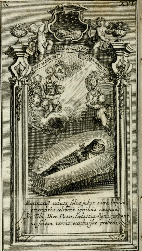 An illustration from Apparatus sacri honoris primo carmelitarum discalceatorum parenti seraphicæ virginis ac matris Theresiæ à Jesu filio primogenito S. Joanni à Cruce : post ejus solemnem in Vaticani colle apotheosin adornatus, a devotissimo filiorum suorum Collegio Augustano, 1727, leaf 107