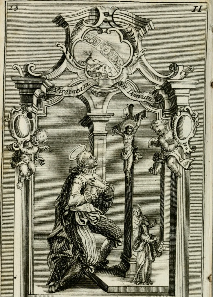 An illustration from Apparatus sacri honoris primo carmelitarum discalceatorum parenti seraphicæ virginis ac matris Theresiæ à Jesu filio primogenito S. Joanni à Cruce : post ejus solemnem in Vaticani colle apotheosin adornatus, a devotissimo filiorum suorum Collegio Augustano, 1727, leaf 23