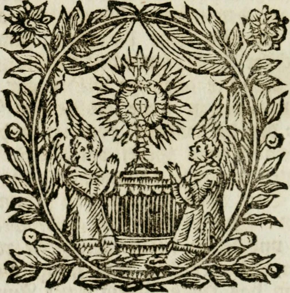 An illustration from Apparatus sacri honoris primo carmelitarum discalceatorum parenti seraphicæ virginis ac matris Theresiæ à Jesu filio primogenito S. Joanni à Cruce : post ejus solemnem in Vaticani colle apotheosin adornatus, a devotissimo filiorum suorum Collegio Augustano, 1727, leaf 27