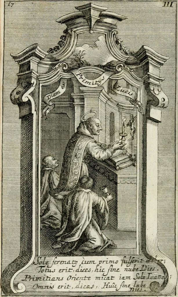 An illustration from Apparatus sacri honoris primo carmelitarum discalceatorum parenti seraphicæ virginis ac matris Theresiæ à Jesu filio primogenito S. Joanni à Cruce : post ejus solemnem in Vaticani colle apotheosin adornatus, a devotissimo filiorum suorum Collegio Augustano, 1727, leaf 29