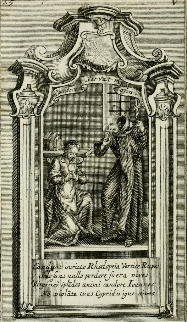An illustration from Apparatus sacri honoris primo carmelitarum discalceatorum parenti seraphicæ virginis ac matris Theresiæ à Jesu filio primogenito S. Joanni à Cruce : post ejus solemnem in Vaticani colle apotheosin adornatus, a devotissimo filiorum suorum Collegio Augustano, 1727, leaf 41