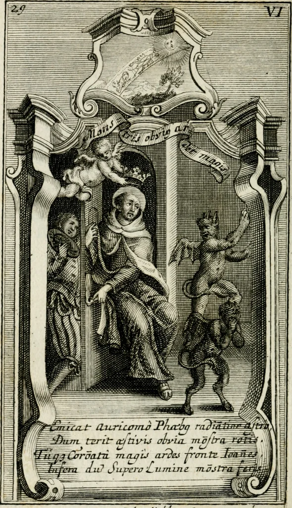 An illustration from Apparatus sacri honoris primo carmelitarum discalceatorum parenti seraphicæ virginis ac matris Theresiæ à Jesu filio primogenito S. Joanni à Cruce : post ejus solemnem in Vaticani colle apotheosin adornatus, a devotissimo filiorum suorum Collegio Augustano, 1727, leaf 47
