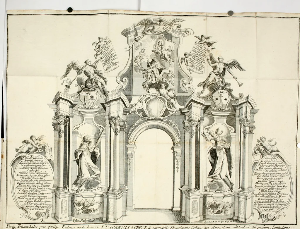 An illustration from Apparatus sacri honoris primo carmelitarum discalceatorum parenti seraphicæ virginis ac matris Theresiæ à Jesu filio primogenito S. Joanni à Cruce : post ejus solemnem in Vaticani colle apotheosin adornatus, a devotissimo filiorum suorum Collegio Augustano, 1727, leaf 5