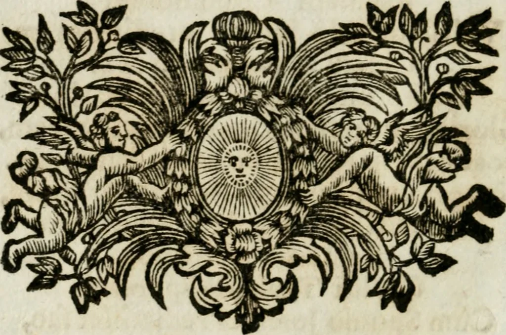 An illustration from Apparatus sacri honoris primo carmelitarum discalceatorum parenti seraphicæ virginis ac matris Theresiæ à Jesu filio primogenito S. Joanni à Cruce : post ejus solemnem in Vaticani colle apotheosin adornatus, a devotissimo filiorum suorum Collegio Augustano, 1727, leaf 55