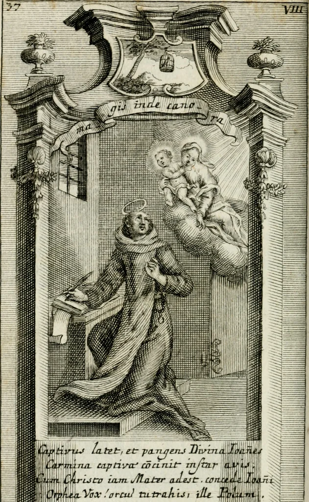 An illustration from Apparatus sacri honoris primo carmelitarum discalceatorum parenti seraphicæ virginis ac matris Theresiæ à Jesu filio primogenito S. Joanni à Cruce : post ejus solemnem in Vaticani colle apotheosin adornatus, a devotissimo filiorum suorum Collegio Augustano, 1727, leaf 59