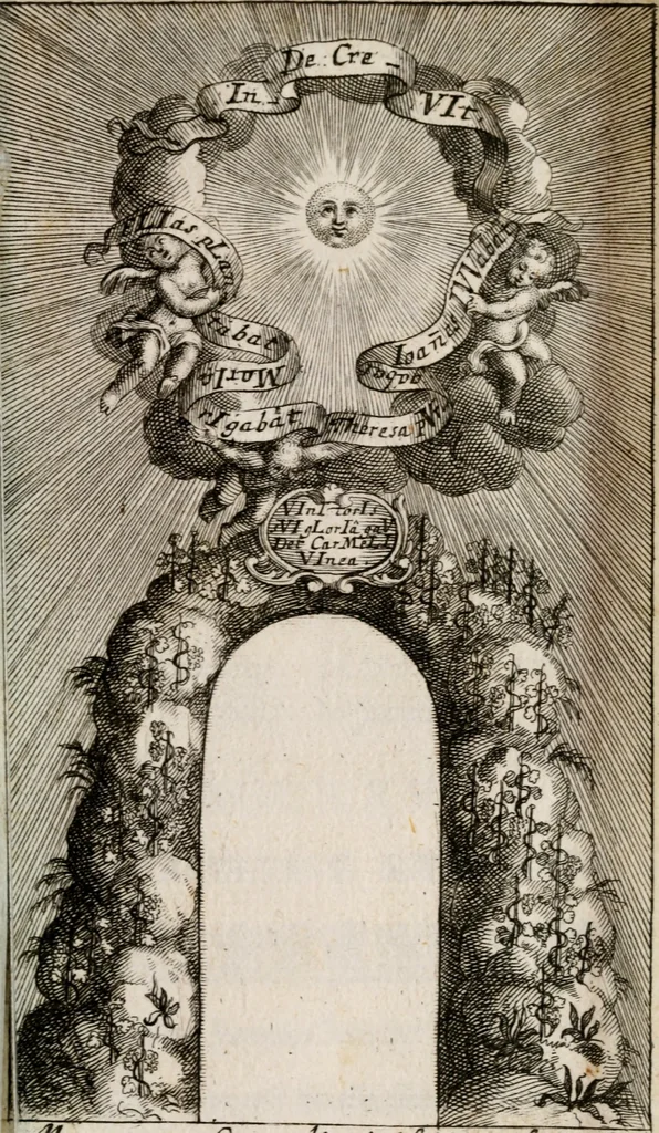 An illustration from Apparatus sacri honoris primo carmelitarum discalceatorum parenti seraphicæ virginis ac matris Theresiæ à Jesu filio primogenito S. Joanni à Cruce : post ejus solemnem in Vaticani colle apotheosin adornatus, a devotissimo filiorum suorum Collegio Augustano, 1727, leaf 6