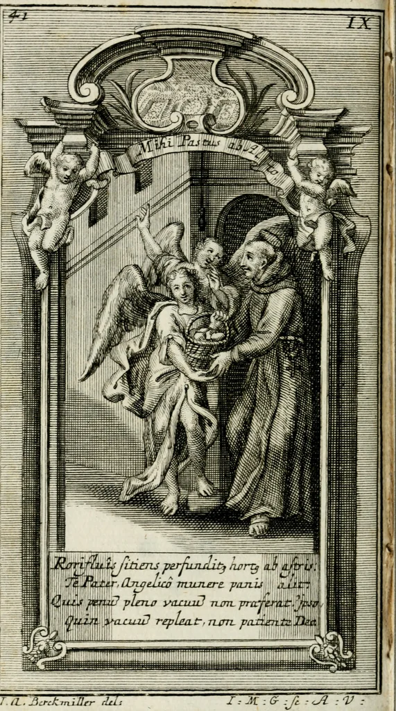 An illustration from Apparatus sacri honoris primo carmelitarum discalceatorum parenti seraphicæ virginis ac matris Theresiæ à Jesu filio primogenito S. Joanni à Cruce : post ejus solemnem in Vaticani colle apotheosin adornatus, a devotissimo filiorum suorum Collegio Augustano, 1727, leaf 65