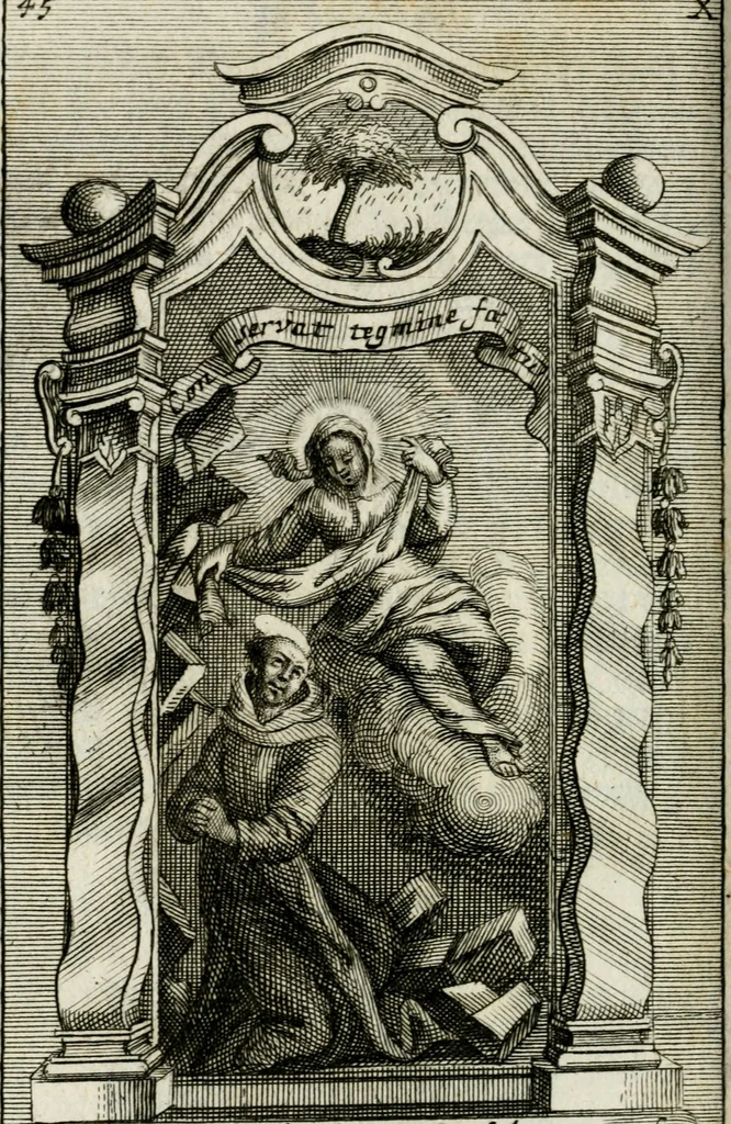 An illustration from Apparatus sacri honoris primo carmelitarum discalceatorum parenti seraphicæ virginis ac matris Theresiæ à Jesu filio primogenito S. Joanni à Cruce : post ejus solemnem in Vaticani colle apotheosin adornatus, a devotissimo filiorum suorum Collegio Augustano, 1727, leaf 71