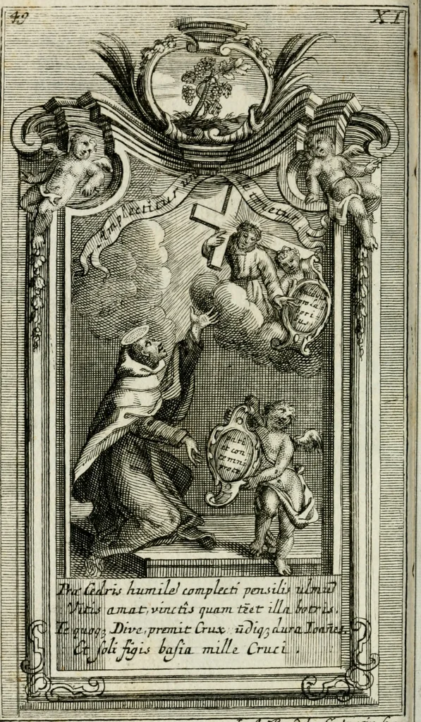 An illustration from Apparatus sacri honoris primo carmelitarum discalceatorum parenti seraphicæ virginis ac matris Theresiæ à Jesu filio primogenito S. Joanni à Cruce : post ejus solemnem in Vaticani colle apotheosin adornatus, a devotissimo filiorum suorum Collegio Augustano, 1727, leaf 77