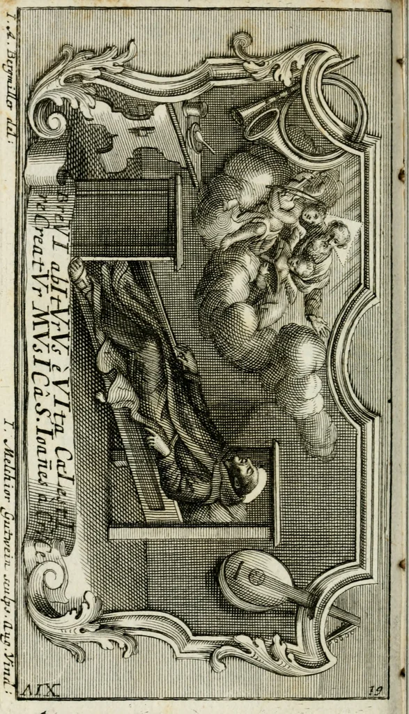 An illustration from Apparatus sacri honoris primo carmelitarum discalceatorum parenti seraphicæ virginis ac matris Theresiæ à Jesu filio primogenito S. Joanni à Cruce : post ejus solemnem in Vaticani colle apotheosin adornatus, a devotissimo filiorum suorum Collegio Augustano, 1727, leaf 95