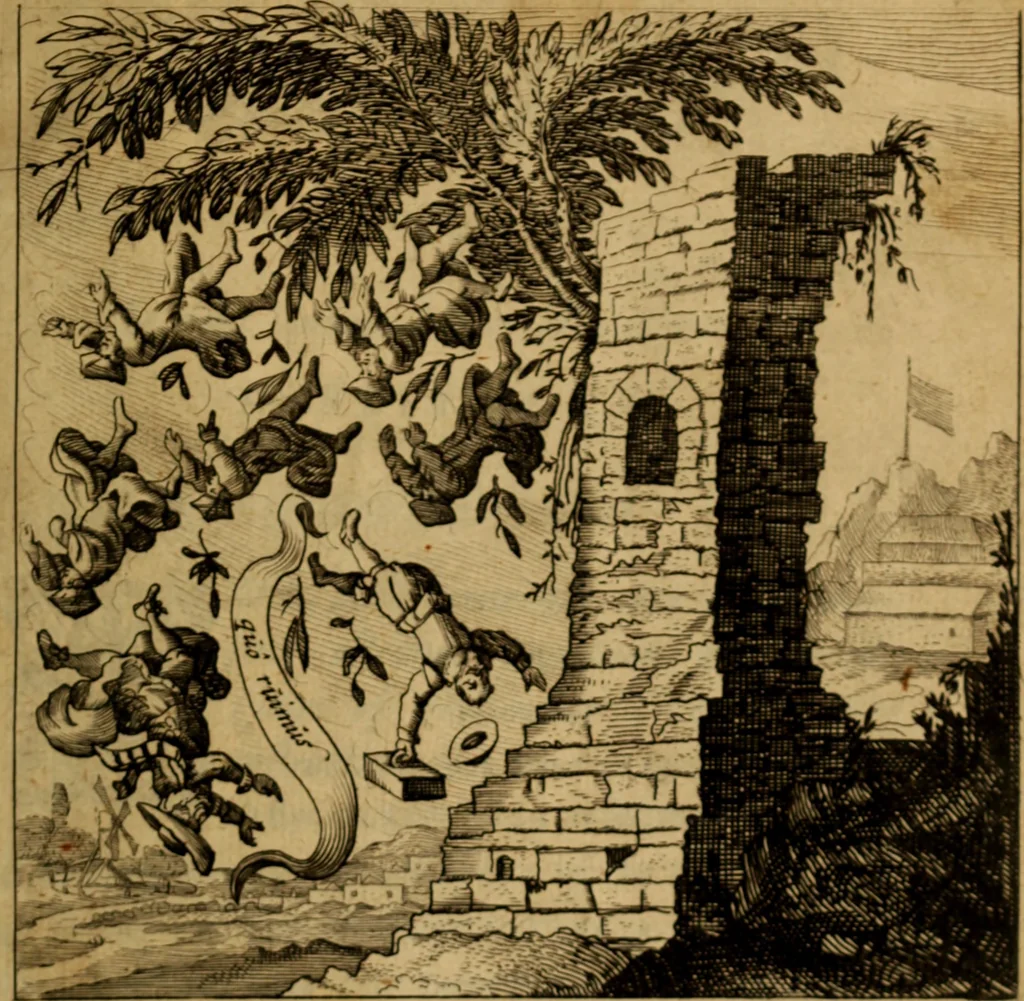 An illustration from An appeal to the parliament, or, Sion's plea against the prelacie : the summe whereoff is delivered in a decade of positions : in the handling vvhereoff the Lord Bishops and their appurtenances are manifestlie proved both by divine and humane lawes to be intruders vpon the priviledges of Christ, of the King, and of the common-vveal, and threfore vpon good evidence given, she hartelie desireth a iudgement and execution, 1629, leaf 6