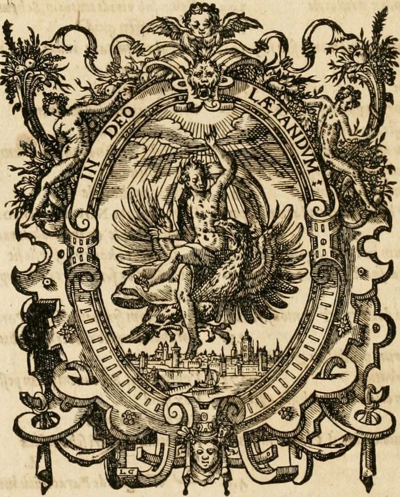 An illustration from Appendix necessaria Syntagmatis arcanorum chymicorum Andreae Libavii ... : in qva praeter arcanorvm nonnvllorum expositionem & illustrationem, quorundam item medicorum hermeticorum & mysticorum descriptionem, continentur defensiones geminae, primum eorum quae ab Henningo Schevnemano & iuniore Gramano sunt impugnata, postea quae in transmutatoria metallorum à Nicolao Gviberto ... sunt attentata ..., 1615, leaf 305