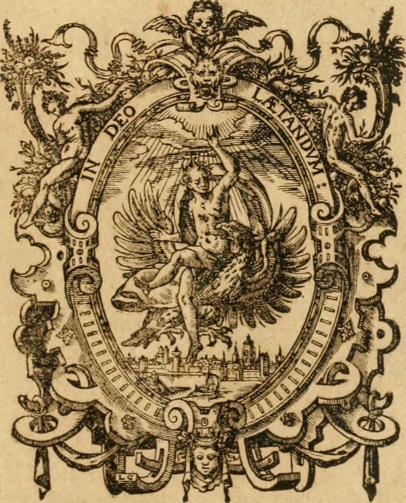 An illustration from Appendix necessaria Syntagmatis arcanorum chymicorum Andreae Libavii ... : in qva praeter arcanorvm nonnvllorum expositionem & illustrationem, quorundam item medicorum hermeticorum & mysticorum descriptionem, continentur defensiones geminae, primum eorum quae ab Henningo Schevnemano & iuniore Gramano sunt impugnata, postea quae in transmutatoria metallorum à Nicolao Gviberto ... sunt attentata ..., 1615, leaf 4