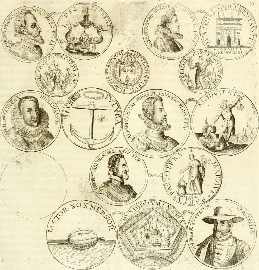 An illustration from Aquilae Austriacae pars secunda, seu, Monarchiae occidentalis tomus octauus : in quo imperatores Austrii a Maximiliano II vsquè ad coronationem Leopoldi Primi Occidentis imperatorem LI elogijs, hieroglyphicis, numismatibus, insignibus, symbolis, imaginibus antiquis ad viuum exhibentur exculpti, & longa historiarum serie exarati : vt nihil relictum sit, quod prisci vel hodierni habeant annales, sed diplomata, leges, indulta, genealogiae, donationes, priuilegia offeruntur congesta : inseruntur et regum principumque imagines, nummi honorarij, castrenses, triumphales, votiui, missiles, &c. qui sanguine, foedere, bello imperatoribus iuncti, occurrunt in opere : subijcitur cuique caesarum appendix symbolica, sacrolegalis, & historicopolitica, in qua symbolis & hieroglyphicis, are affabrè exculptis, Caesares eorumq[ue] gesta pinguntur & explanantur, 1679, leaf 102