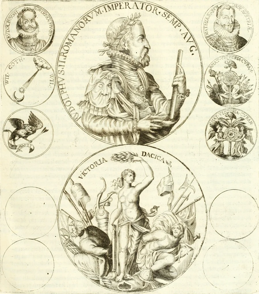 An illustration from Aquilae Austriacae pars secunda, seu, Monarchiae occidentalis tomus octauus : in quo imperatores Austrii a Maximiliano II vsquè ad coronationem Leopoldi Primi Occidentis imperatorem LI elogijs, hieroglyphicis, numismatibus, insignibus, symbolis, imaginibus antiquis ad viuum exhibentur exculpti, & longa historiarum serie exarati : vt nihil relictum sit, quod prisci vel hodierni habeant annales, sed diplomata, leges, indulta, genealogiae, donationes, priuilegia offeruntur congesta : inseruntur et regum principumque imagines, nummi honorarij, castrenses, triumphales, votiui, missiles, &c. qui sanguine, foedere, bello imperatoribus iuncti, occurrunt in opere : subijcitur cuique caesarum appendix symbolica, sacrolegalis, & historicopolitica, in qua symbolis & hieroglyphicis, are affabrè exculptis, Caesares eorumq[ue] gesta pinguntur & explanantur, 1679, leaf 106