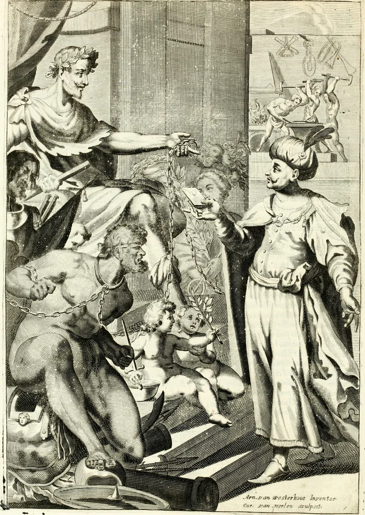 An illustration from Aquilae Austriacae pars secunda, seu, Monarchiae occidentalis tomus octauus : in quo imperatores Austrii a Maximiliano II vsquè ad coronationem Leopoldi Primi Occidentis imperatorem LI elogijs, hieroglyphicis, numismatibus, insignibus, symbolis, imaginibus antiquis ad viuum exhibentur exculpti, & longa historiarum serie exarati : vt nihil relictum sit, quod prisci vel hodierni habeant annales, sed diplomata, leges, indulta, genealogiae, donationes, priuilegia offeruntur congesta : inseruntur et regum principumque imagines, nummi honorarij, castrenses, triumphales, votiui, missiles, &c. qui sanguine, foedere, bello imperatoribus iuncti, occurrunt in opere : subijcitur cuique caesarum appendix symbolica, sacrolegalis, & historicopolitica, in qua symbolis & hieroglyphicis, are affabrè exculptis, Caesares eorumq[ue] gesta pinguntur & explanantur, 1679, leaf 135
