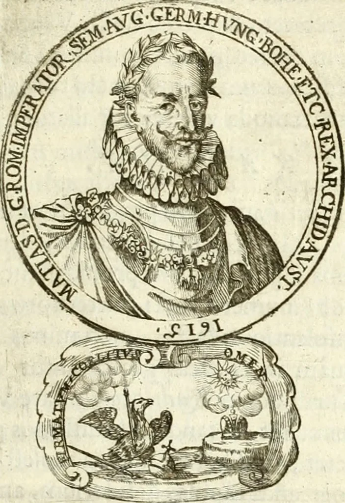 An illustration from Aquilae Austriacae pars secunda, seu, Monarchiae occidentalis tomus octauus : in quo imperatores Austrii a Maximiliano II vsquè ad coronationem Leopoldi Primi Occidentis imperatorem LI elogijs, hieroglyphicis, numismatibus, insignibus, symbolis, imaginibus antiquis ad viuum exhibentur exculpti, & longa historiarum serie exarati : vt nihil relictum sit, quod prisci vel hodierni habeant annales, sed diplomata, leges, indulta, genealogiae, donationes, priuilegia offeruntur congesta : inseruntur et regum principumque imagines, nummi honorarij, castrenses, triumphales, votiui, missiles, &c. qui sanguine, foedere, bello imperatoribus iuncti, occurrunt in opere : subijcitur cuique caesarum appendix symbolica, sacrolegalis, & historicopolitica, in qua symbolis & hieroglyphicis, are affabrè exculptis, Caesares eorumq[ue] gesta pinguntur & explanantur, 1679, leaf 138