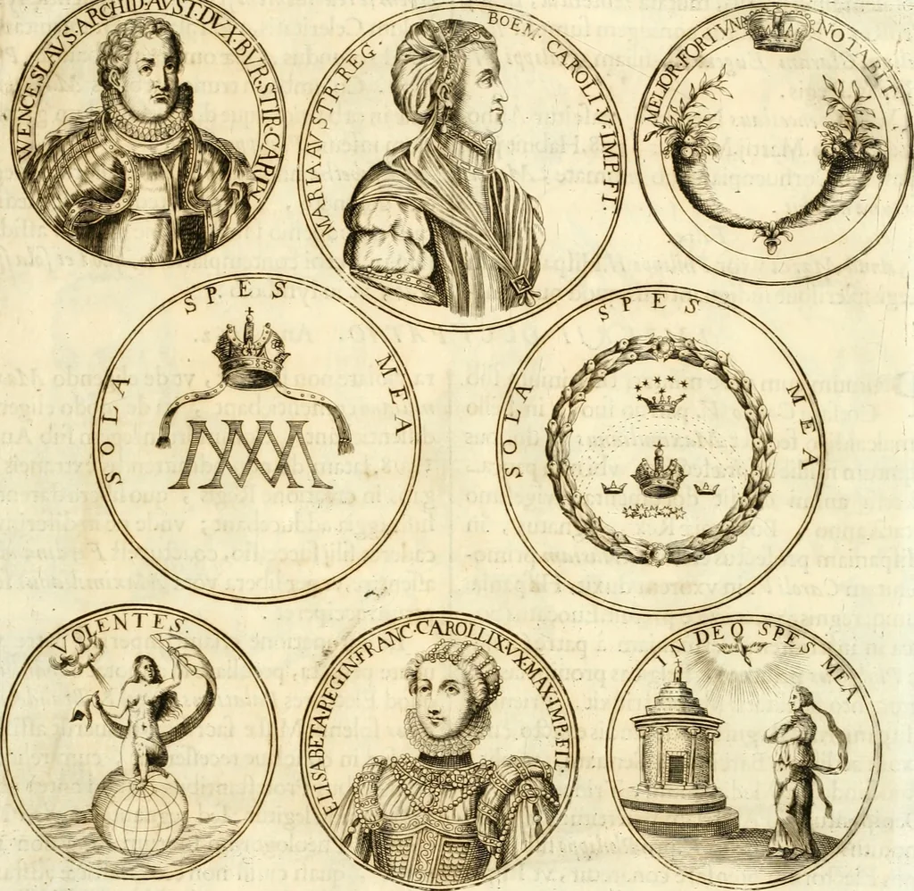 An illustration from Aquilae Austriacae pars secunda, seu, Monarchiae occidentalis tomus octauus : in quo imperatores Austrii a Maximiliano II vsquè ad coronationem Leopoldi Primi Occidentis imperatorem LI elogijs, hieroglyphicis, numismatibus, insignibus, symbolis, imaginibus antiquis ad viuum exhibentur exculpti, & longa historiarum serie exarati : vt nihil relictum sit, quod prisci vel hodierni habeant annales, sed diplomata, leges, indulta, genealogiae, donationes, priuilegia offeruntur congesta : inseruntur et regum principumque imagines, nummi honorarij, castrenses, triumphales, votiui, missiles, &c. qui sanguine, foedere, bello imperatoribus iuncti, occurrunt in opere : subijcitur cuique caesarum appendix symbolica, sacrolegalis, & historicopolitica, in qua symbolis & hieroglyphicis, are affabrè exculptis, Caesares eorumq[ue] gesta pinguntur & explanantur, 1679, leaf 14