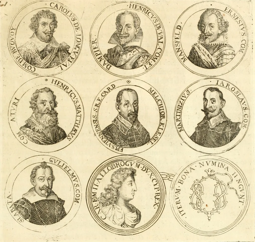 An illustration from Aquilae Austriacae pars secunda, seu, Monarchiae occidentalis tomus octauus : in quo imperatores Austrii a Maximiliano II vsquè ad coronationem Leopoldi Primi Occidentis imperatorem LI elogijs, hieroglyphicis, numismatibus, insignibus, symbolis, imaginibus antiquis ad viuum exhibentur exculpti, & longa historiarum serie exarati : vt nihil relictum sit, quod prisci vel hodierni habeant annales, sed diplomata, leges, indulta, genealogiae, donationes, priuilegia offeruntur congesta : inseruntur et regum principumque imagines, nummi honorarij, castrenses, triumphales, votiui, missiles, &c. qui sanguine, foedere, bello imperatoribus iuncti, occurrunt in opere : subijcitur cuique caesarum appendix symbolica, sacrolegalis, & historicopolitica, in qua symbolis & hieroglyphicis, are affabrè exculptis, Caesares eorumq[ue] gesta pinguntur & explanantur, 1679, leaf 144