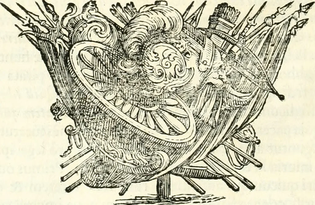 An illustration from Aquilae Austriacae pars secunda, seu, Monarchiae occidentalis tomus octauus : in quo imperatores Austrii a Maximiliano II vsquè ad coronationem Leopoldi Primi Occidentis imperatorem LI elogijs, hieroglyphicis, numismatibus, insignibus, symbolis, imaginibus antiquis ad viuum exhibentur exculpti, & longa historiarum serie exarati : vt nihil relictum sit, quod prisci vel hodierni habeant annales, sed diplomata, leges, indulta, genealogiae, donationes, priuilegia offeruntur congesta : inseruntur et regum principumque imagines, nummi honorarij, castrenses, triumphales, votiui, missiles, &c. qui sanguine, foedere, bello imperatoribus iuncti, occurrunt in opere : subijcitur cuique caesarum appendix symbolica, sacrolegalis, & historicopolitica, in qua symbolis & hieroglyphicis, are affabrè exculptis, Caesares eorumq[ue] gesta pinguntur & explanantur, 1679, leaf 149