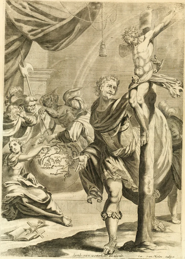 An illustration from Aquilae Austriacae pars secunda, seu, Monarchiae occidentalis tomus octauus : in quo imperatores Austrii a Maximiliano II vsquè ad coronationem Leopoldi Primi Occidentis imperatorem LI elogijs, hieroglyphicis, numismatibus, insignibus, symbolis, imaginibus antiquis ad viuum exhibentur exculpti, & longa historiarum serie exarati : vt nihil relictum sit, quod prisci vel hodierni habeant annales, sed diplomata, leges, indulta, genealogiae, donationes, priuilegia offeruntur congesta : inseruntur et regum principumque imagines, nummi honorarij, castrenses, triumphales, votiui, missiles, &c. qui sanguine, foedere, bello imperatoribus iuncti, occurrunt in opere : subijcitur cuique caesarum appendix symbolica, sacrolegalis, & historicopolitica, in qua symbolis & hieroglyphicis, are affabrè exculptis, Caesares eorumq[ue] gesta pinguntur & explanantur, 1679, leaf 151