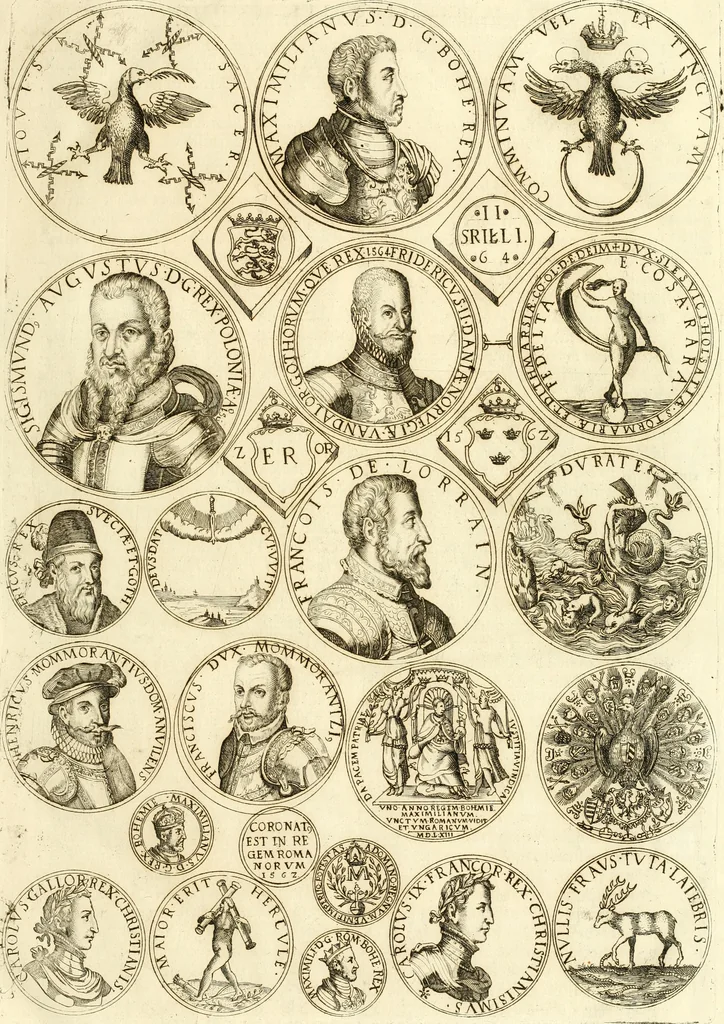 An illustration from Aquilae Austriacae pars secunda, seu, Monarchiae occidentalis tomus octauus : in quo imperatores Austrii a Maximiliano II vsquè ad coronationem Leopoldi Primi Occidentis imperatorem LI elogijs, hieroglyphicis, numismatibus, insignibus, symbolis, imaginibus antiquis ad viuum exhibentur exculpti, & longa historiarum serie exarati : vt nihil relictum sit, quod prisci vel hodierni habeant annales, sed diplomata, leges, indulta, genealogiae, donationes, priuilegia offeruntur congesta : inseruntur et regum principumque imagines, nummi honorarij, castrenses, triumphales, votiui, missiles, &c. qui sanguine, foedere, bello imperatoribus iuncti, occurrunt in opere : subijcitur cuique caesarum appendix symbolica, sacrolegalis, & historicopolitica, in qua symbolis & hieroglyphicis, are affabrè exculptis, Caesares eorumq[ue] gesta pinguntur & explanantur, 1679, leaf 16