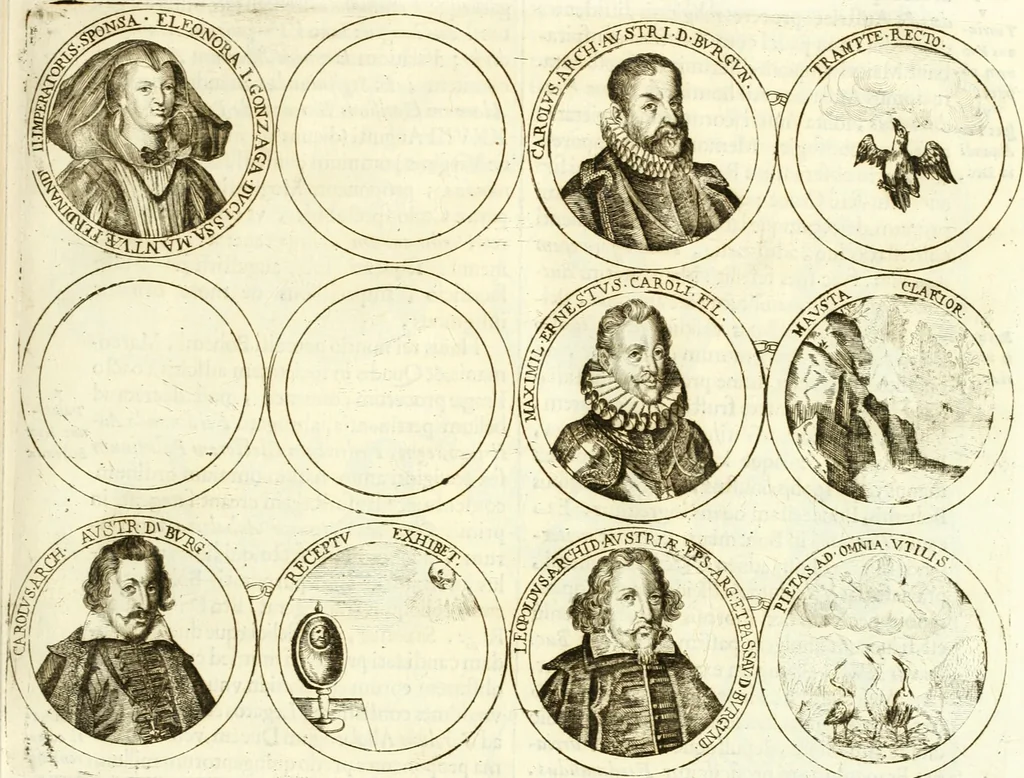 An illustration from Aquilae Austriacae pars secunda, seu, Monarchiae occidentalis tomus octauus : in quo imperatores Austrii a Maximiliano II vsquè ad coronationem Leopoldi Primi Occidentis imperatorem LI elogijs, hieroglyphicis, numismatibus, insignibus, symbolis, imaginibus antiquis ad viuum exhibentur exculpti, & longa historiarum serie exarati : vt nihil relictum sit, quod prisci vel hodierni habeant annales, sed diplomata, leges, indulta, genealogiae, donationes, priuilegia offeruntur congesta : inseruntur et regum principumque imagines, nummi honorarij, castrenses, triumphales, votiui, missiles, &c. qui sanguine, foedere, bello imperatoribus iuncti, occurrunt in opere : subijcitur cuique caesarum appendix symbolica, sacrolegalis, & historicopolitica, in qua symbolis & hieroglyphicis, are affabrè exculptis, Caesares eorumq[ue] gesta pinguntur & explanantur, 1679, leaf 160