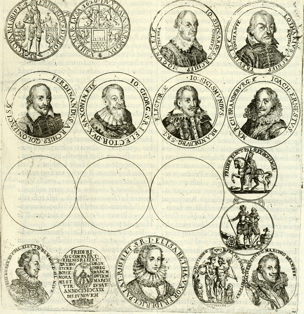 An illustration from Aquilae Austriacae pars secunda, seu, Monarchiae occidentalis tomus octauus : in quo imperatores Austrii a Maximiliano II vsquè ad coronationem Leopoldi Primi Occidentis imperatorem LI elogijs, hieroglyphicis, numismatibus, insignibus, symbolis, imaginibus antiquis ad viuum exhibentur exculpti, & longa historiarum serie exarati : vt nihil relictum sit, quod prisci vel hodierni habeant annales, sed diplomata, leges, indulta, genealogiae, donationes, priuilegia offeruntur congesta : inseruntur et regum principumque imagines, nummi honorarij, castrenses, triumphales, votiui, missiles, &c. qui sanguine, foedere, bello imperatoribus iuncti, occurrunt in opere : subijcitur cuique caesarum appendix symbolica, sacrolegalis, & historicopolitica, in qua symbolis & hieroglyphicis, are affabrè exculptis, Caesares eorumq[ue] gesta pinguntur & explanantur, 1679, leaf 162