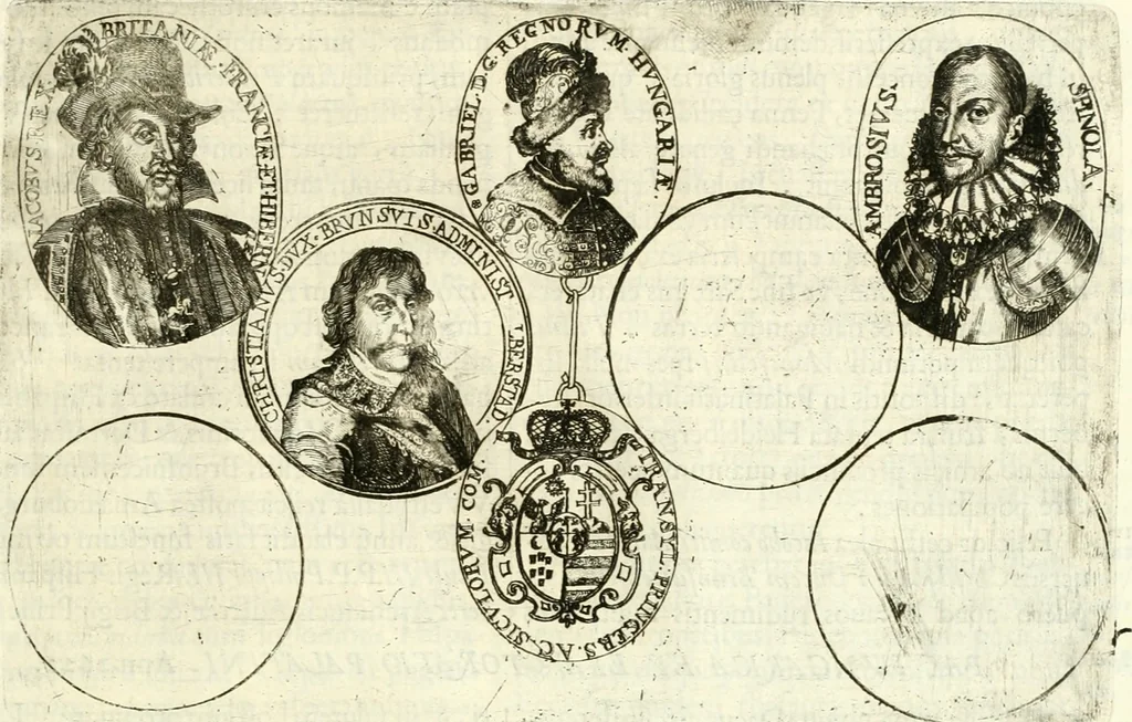 An illustration from Aquilae Austriacae pars secunda, seu, Monarchiae occidentalis tomus octauus : in quo imperatores Austrii a Maximiliano II vsquè ad coronationem Leopoldi Primi Occidentis imperatorem LI elogijs, hieroglyphicis, numismatibus, insignibus, symbolis, imaginibus antiquis ad viuum exhibentur exculpti, & longa historiarum serie exarati : vt nihil relictum sit, quod prisci vel hodierni habeant annales, sed diplomata, leges, indulta, genealogiae, donationes, priuilegia offeruntur congesta : inseruntur et regum principumque imagines, nummi honorarij, castrenses, triumphales, votiui, missiles, &c. qui sanguine, foedere, bello imperatoribus iuncti, occurrunt in opere : subijcitur cuique caesarum appendix symbolica, sacrolegalis, & historicopolitica, in qua symbolis & hieroglyphicis, are affabrè exculptis, Caesares eorumq[ue] gesta pinguntur & explanantur, 1679, leaf 172