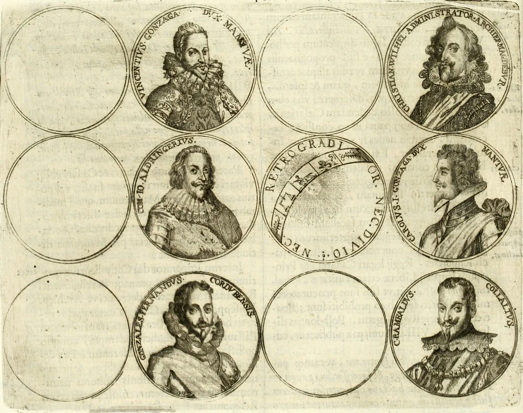 An illustration from Aquilae Austriacae pars secunda, seu, Monarchiae occidentalis tomus octauus : in quo imperatores Austrii a Maximiliano II vsquè ad coronationem Leopoldi Primi Occidentis imperatorem LI elogijs, hieroglyphicis, numismatibus, insignibus, symbolis, imaginibus antiquis ad viuum exhibentur exculpti, & longa historiarum serie exarati : vt nihil relictum sit, quod prisci vel hodierni habeant annales, sed diplomata, leges, indulta, genealogiae, donationes, priuilegia offeruntur congesta : inseruntur et regum principumque imagines, nummi honorarij, castrenses, triumphales, votiui, missiles, &c. qui sanguine, foedere, bello imperatoribus iuncti, occurrunt in opere : subijcitur cuique caesarum appendix symbolica, sacrolegalis, & historicopolitica, in qua symbolis & hieroglyphicis, are affabrè exculptis, Caesares eorumq[ue] gesta pinguntur & explanantur, 1679, leaf 189