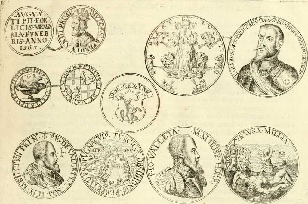 An illustration from Aquilae Austriacae pars secunda, seu, Monarchiae occidentalis tomus octauus : in quo imperatores Austrii a Maximiliano II vsquè ad coronationem Leopoldi Primi Occidentis imperatorem LI elogijs, hieroglyphicis, numismatibus, insignibus, symbolis, imaginibus antiquis ad viuum exhibentur exculpti, & longa historiarum serie exarati : vt nihil relictum sit, quod prisci vel hodierni habeant annales, sed diplomata, leges, indulta, genealogiae, donationes, priuilegia offeruntur congesta : inseruntur et regum principumque imagines, nummi honorarij, castrenses, triumphales, votiui, missiles, &c. qui sanguine, foedere, bello imperatoribus iuncti, occurrunt in opere : subijcitur cuique caesarum appendix symbolica, sacrolegalis, & historicopolitica, in qua symbolis & hieroglyphicis, are affabrè exculptis, Caesares eorumq[ue] gesta pinguntur & explanantur, 1679, leaf 20