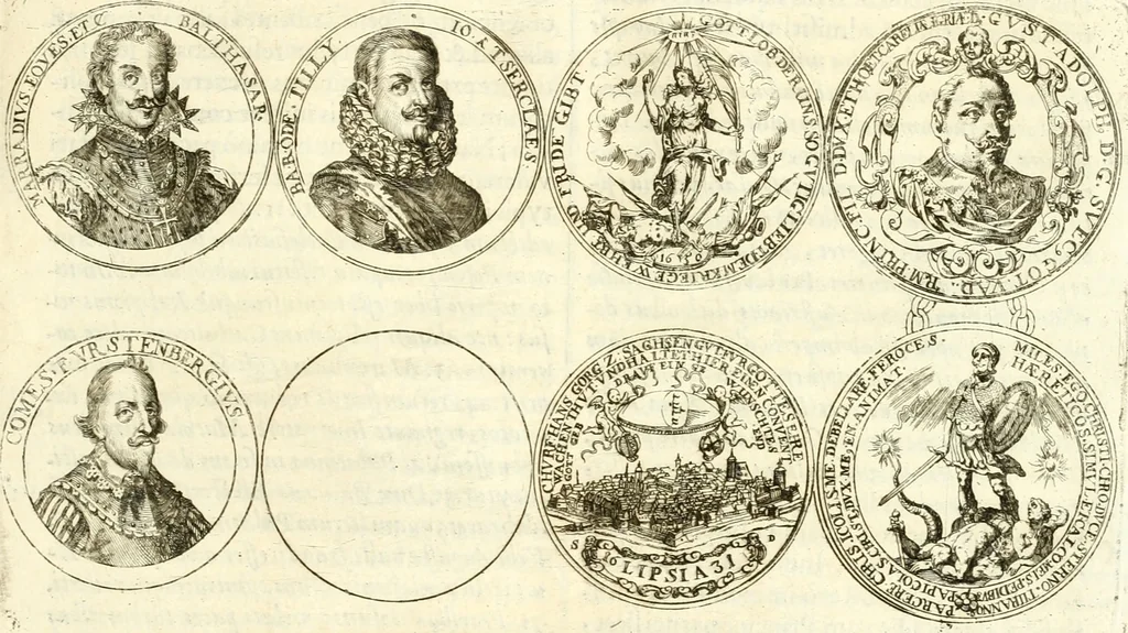 An illustration from Aquilae Austriacae pars secunda, seu, Monarchiae occidentalis tomus octauus : in quo imperatores Austrii a Maximiliano II vsquè ad coronationem Leopoldi Primi Occidentis imperatorem LI elogijs, hieroglyphicis, numismatibus, insignibus, symbolis, imaginibus antiquis ad viuum exhibentur exculpti, & longa historiarum serie exarati : vt nihil relictum sit, quod prisci vel hodierni habeant annales, sed diplomata, leges, indulta, genealogiae, donationes, priuilegia offeruntur congesta : inseruntur et regum principumque imagines, nummi honorarij, castrenses, triumphales, votiui, missiles, &c. qui sanguine, foedere, bello imperatoribus iuncti, occurrunt in opere : subijcitur cuique caesarum appendix symbolica, sacrolegalis, & historicopolitica, in qua symbolis & hieroglyphicis, are affabrè exculptis, Caesares eorumq[ue] gesta pinguntur & explanantur, 1679, leaf 202