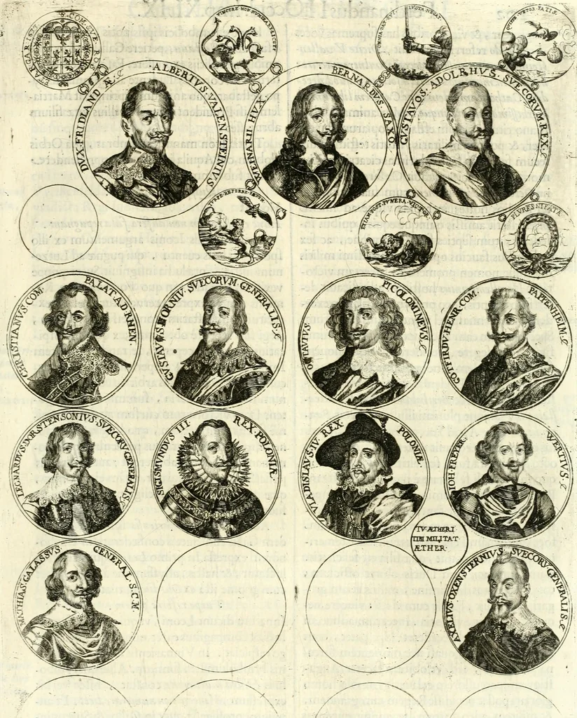 An illustration from Aquilae Austriacae pars secunda, seu, Monarchiae occidentalis tomus octauus : in quo imperatores Austrii a Maximiliano II vsquè ad coronationem Leopoldi Primi Occidentis imperatorem LI elogijs, hieroglyphicis, numismatibus, insignibus, symbolis, imaginibus antiquis ad viuum exhibentur exculpti, & longa historiarum serie exarati : vt nihil relictum sit, quod prisci vel hodierni habeant annales, sed diplomata, leges, indulta, genealogiae, donationes, priuilegia offeruntur congesta : inseruntur et regum principumque imagines, nummi honorarij, castrenses, triumphales, votiui, missiles, &c. qui sanguine, foedere, bello imperatoribus iuncti, occurrunt in opere : subijcitur cuique caesarum appendix symbolica, sacrolegalis, & historicopolitica, in qua symbolis & hieroglyphicis, are affabrè exculptis, Caesares eorumq[ue] gesta pinguntur & explanantur, 1679, leaf 208