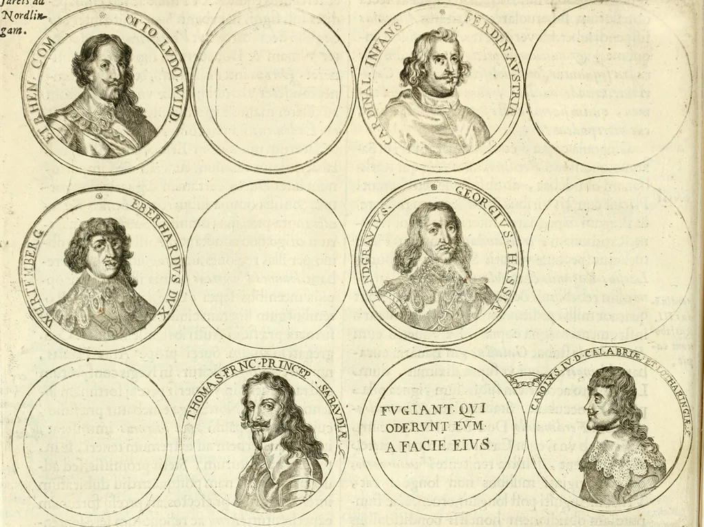 An illustration from Aquilae Austriacae pars secunda, seu, Monarchiae occidentalis tomus octauus : in quo imperatores Austrii a Maximiliano II vsquè ad coronationem Leopoldi Primi Occidentis imperatorem LI elogijs, hieroglyphicis, numismatibus, insignibus, symbolis, imaginibus antiquis ad viuum exhibentur exculpti, & longa historiarum serie exarati : vt nihil relictum sit, quod prisci vel hodierni habeant annales, sed diplomata, leges, indulta, genealogiae, donationes, priuilegia offeruntur congesta : inseruntur et regum principumque imagines, nummi honorarij, castrenses, triumphales, votiui, missiles, &c. qui sanguine, foedere, bello imperatoribus iuncti, occurrunt in opere : subijcitur cuique caesarum appendix symbolica, sacrolegalis, & historicopolitica, in qua symbolis & hieroglyphicis, are affabrè exculptis, Caesares eorumq[ue] gesta pinguntur & explanantur, 1679, leaf 217