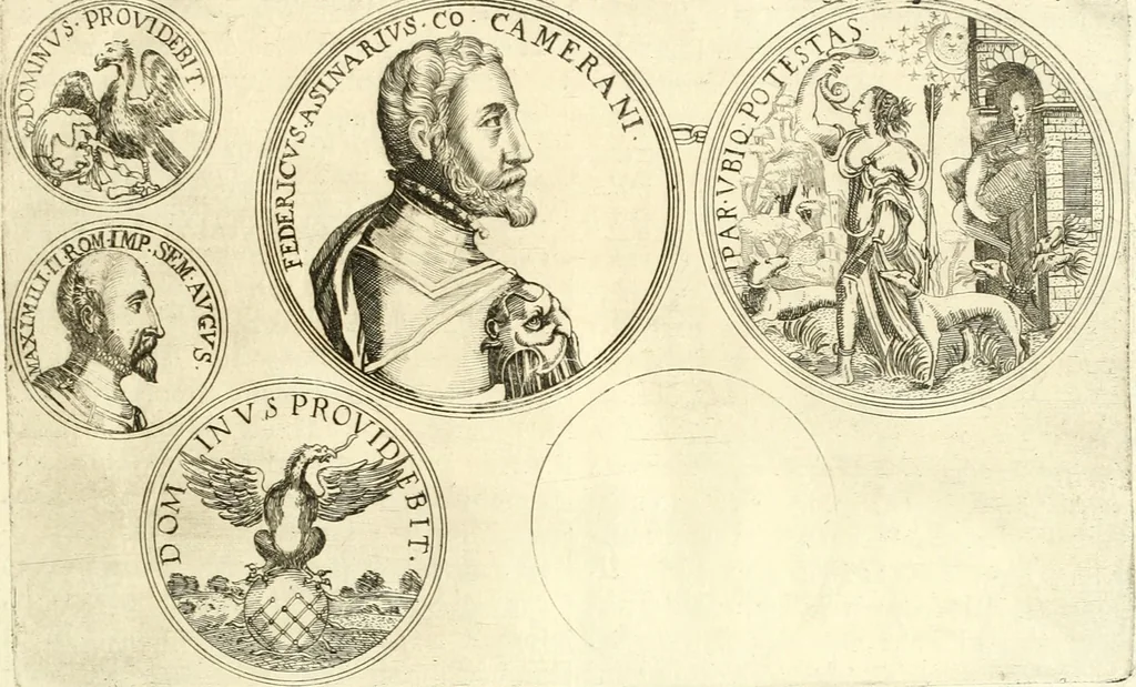 An illustration from Aquilae Austriacae pars secunda, seu, Monarchiae occidentalis tomus octauus : in quo imperatores Austrii a Maximiliano II vsquè ad coronationem Leopoldi Primi Occidentis imperatorem LI elogijs, hieroglyphicis, numismatibus, insignibus, symbolis, imaginibus antiquis ad viuum exhibentur exculpti, & longa historiarum serie exarati : vt nihil relictum sit, quod prisci vel hodierni habeant annales, sed diplomata, leges, indulta, genealogiae, donationes, priuilegia offeruntur congesta : inseruntur et regum principumque imagines, nummi honorarij, castrenses, triumphales, votiui, missiles, &c. qui sanguine, foedere, bello imperatoribus iuncti, occurrunt in opere : subijcitur cuique caesarum appendix symbolica, sacrolegalis, & historicopolitica, in qua symbolis & hieroglyphicis, are affabrè exculptis, Caesares eorumq[ue] gesta pinguntur & explanantur, 1679, leaf 22