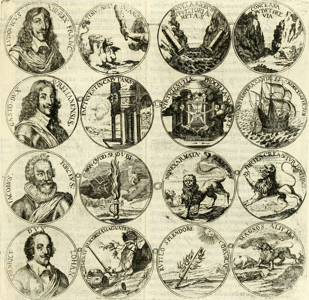 An illustration from Aquilae Austriacae pars secunda, seu, Monarchiae occidentalis tomus octauus : in quo imperatores Austrii a Maximiliano II vsquè ad coronationem Leopoldi Primi Occidentis imperatorem LI elogijs, hieroglyphicis, numismatibus, insignibus, symbolis, imaginibus antiquis ad viuum exhibentur exculpti, & longa historiarum serie exarati : vt nihil relictum sit, quod prisci vel hodierni habeant annales, sed diplomata, leges, indulta, genealogiae, donationes, priuilegia offeruntur congesta : inseruntur et regum principumque imagines, nummi honorarij, castrenses, triumphales, votiui, missiles, &c. qui sanguine, foedere, bello imperatoribus iuncti, occurrunt in opere : subijcitur cuique caesarum appendix symbolica, sacrolegalis, & historicopolitica, in qua symbolis & hieroglyphicis, are affabrè exculptis, Caesares eorumq[ue] gesta pinguntur & explanantur, 1679, leaf 220