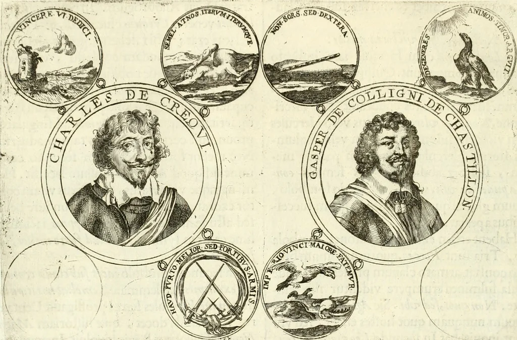 An illustration from Aquilae Austriacae pars secunda, seu, Monarchiae occidentalis tomus octauus : in quo imperatores Austrii a Maximiliano II vsquè ad coronationem Leopoldi Primi Occidentis imperatorem LI elogijs, hieroglyphicis, numismatibus, insignibus, symbolis, imaginibus antiquis ad viuum exhibentur exculpti, & longa historiarum serie exarati : vt nihil relictum sit, quod prisci vel hodierni habeant annales, sed diplomata, leges, indulta, genealogiae, donationes, priuilegia offeruntur congesta : inseruntur et regum principumque imagines, nummi honorarij, castrenses, triumphales, votiui, missiles, &c. qui sanguine, foedere, bello imperatoribus iuncti, occurrunt in opere : subijcitur cuique caesarum appendix symbolica, sacrolegalis, & historicopolitica, in qua symbolis & hieroglyphicis, are affabrè exculptis, Caesares eorumq[ue] gesta pinguntur & explanantur, 1679, leaf 223