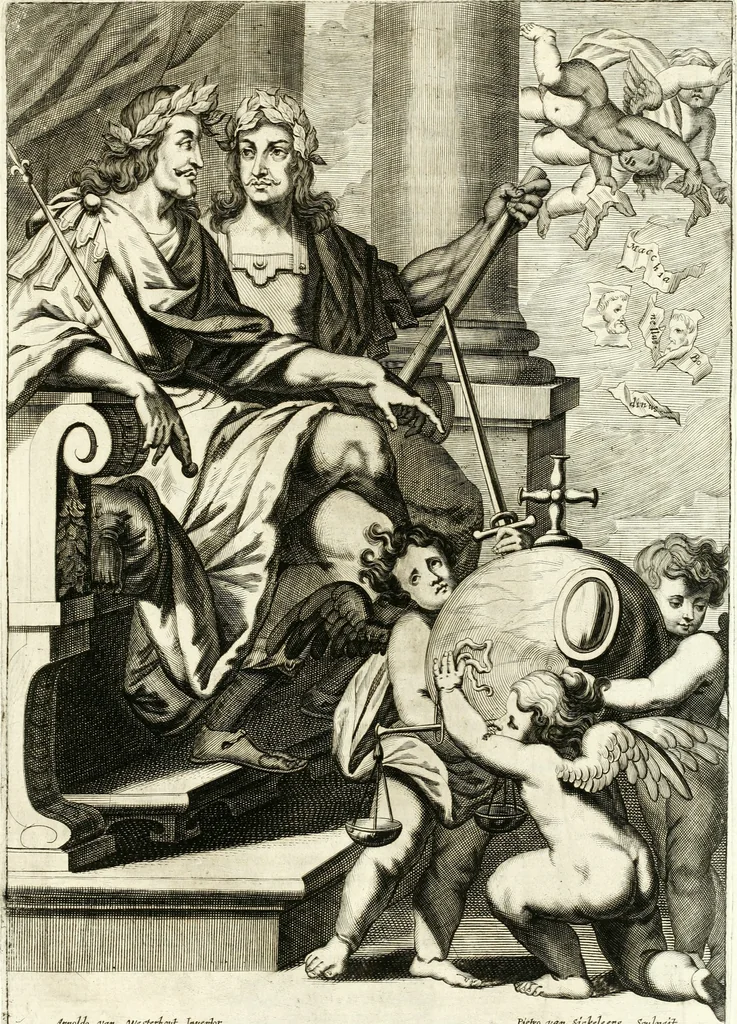 An illustration from Aquilae Austriacae pars secunda, seu, Monarchiae occidentalis tomus octauus : in quo imperatores Austrii a Maximiliano II vsquè ad coronationem Leopoldi Primi Occidentis imperatorem LI elogijs, hieroglyphicis, numismatibus, insignibus, symbolis, imaginibus antiquis ad viuum exhibentur exculpti, & longa historiarum serie exarati : vt nihil relictum sit, quod prisci vel hodierni habeant annales, sed diplomata, leges, indulta, genealogiae, donationes, priuilegia offeruntur congesta : inseruntur et regum principumque imagines, nummi honorarij, castrenses, triumphales, votiui, missiles, &c. qui sanguine, foedere, bello imperatoribus iuncti, occurrunt in opere : subijcitur cuique caesarum appendix symbolica, sacrolegalis, & historicopolitica, in qua symbolis & hieroglyphicis, are affabrè exculptis, Caesares eorumq[ue] gesta pinguntur & explanantur, 1679, leaf 236