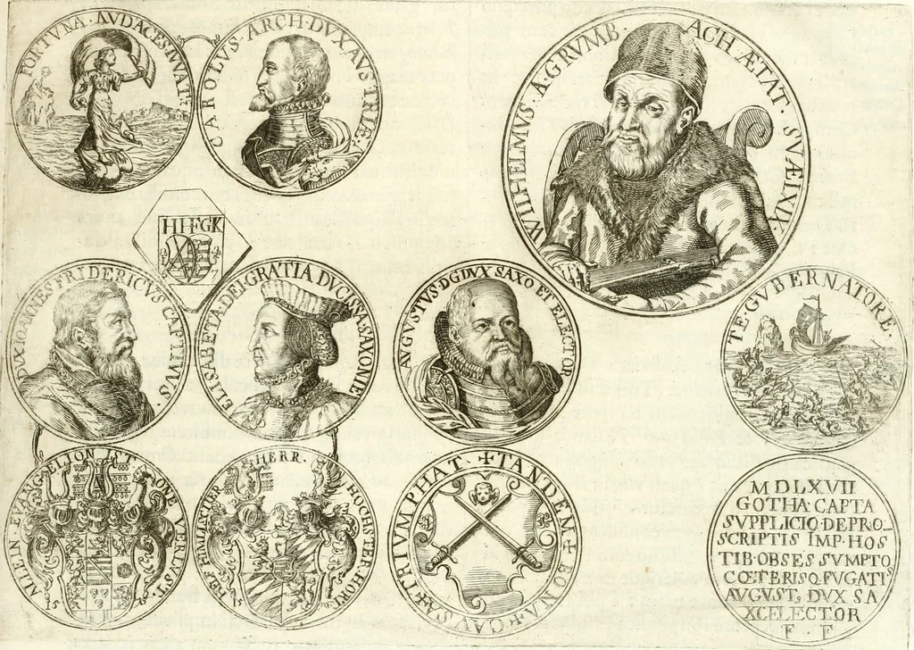 An illustration from Aquilae Austriacae pars secunda, seu, Monarchiae occidentalis tomus octauus : in quo imperatores Austrii a Maximiliano II vsquè ad coronationem Leopoldi Primi Occidentis imperatorem LI elogijs, hieroglyphicis, numismatibus, insignibus, symbolis, imaginibus antiquis ad viuum exhibentur exculpti, & longa historiarum serie exarati : vt nihil relictum sit, quod prisci vel hodierni habeant annales, sed diplomata, leges, indulta, genealogiae, donationes, priuilegia offeruntur congesta : inseruntur et regum principumque imagines, nummi honorarij, castrenses, triumphales, votiui, missiles, &c. qui sanguine, foedere, bello imperatoribus iuncti, occurrunt in opere : subijcitur cuique caesarum appendix symbolica, sacrolegalis, & historicopolitica, in qua symbolis & hieroglyphicis, are affabrè exculptis, Caesares eorumq[ue] gesta pinguntur & explanantur, 1679, leaf 24