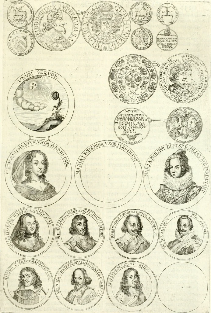 An illustration from Aquilae Austriacae pars secunda, seu, Monarchiae occidentalis tomus octauus : in quo imperatores Austrii a Maximiliano II vsquè ad coronationem Leopoldi Primi Occidentis imperatorem LI elogijs, hieroglyphicis, numismatibus, insignibus, symbolis, imaginibus antiquis ad viuum exhibentur exculpti, & longa historiarum serie exarati : vt nihil relictum sit, quod prisci vel hodierni habeant annales, sed diplomata, leges, indulta, genealogiae, donationes, priuilegia offeruntur congesta : inseruntur et regum principumque imagines, nummi honorarij, castrenses, triumphales, votiui, missiles, &c. qui sanguine, foedere, bello imperatoribus iuncti, occurrunt in opere : subijcitur cuique caesarum appendix symbolica, sacrolegalis, & historicopolitica, in qua symbolis & hieroglyphicis, are affabrè exculptis, Caesares eorumq[ue] gesta pinguntur & explanantur, 1679, leaf 244